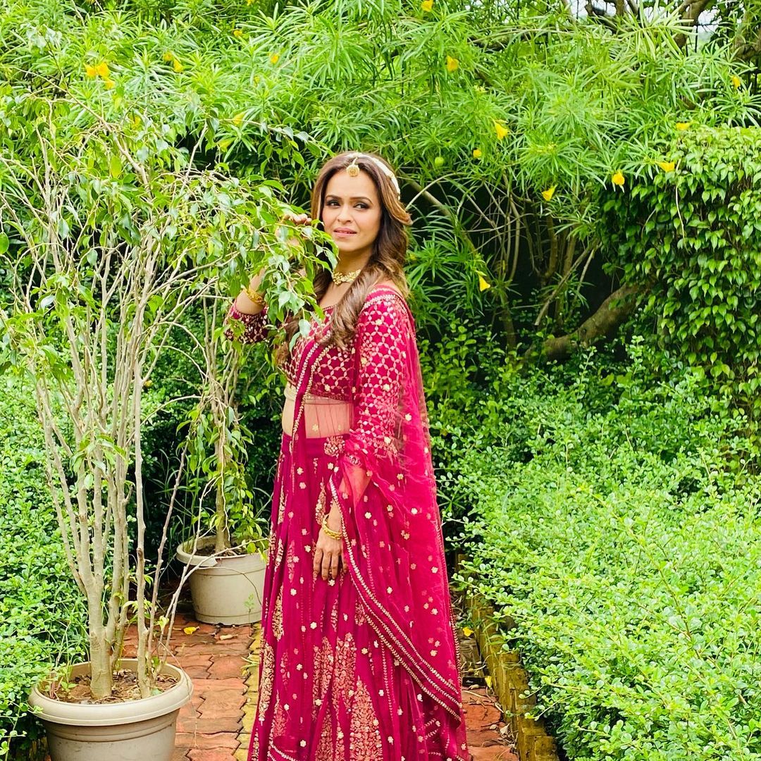 Cherry Red georgette golden zari lehenga choli