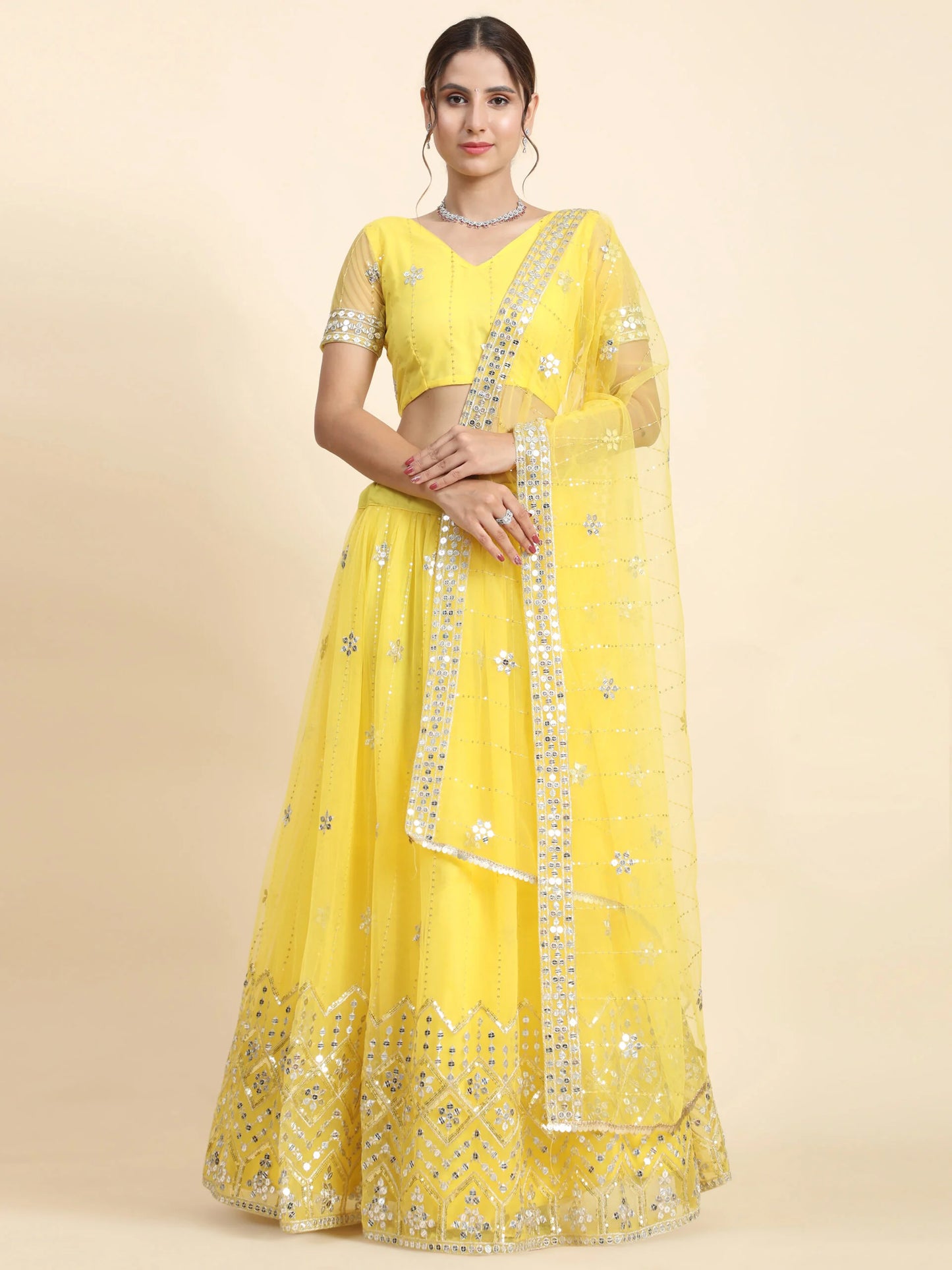 AISHA YELLOW NET LATEST HALDI STYLE LEHENGA