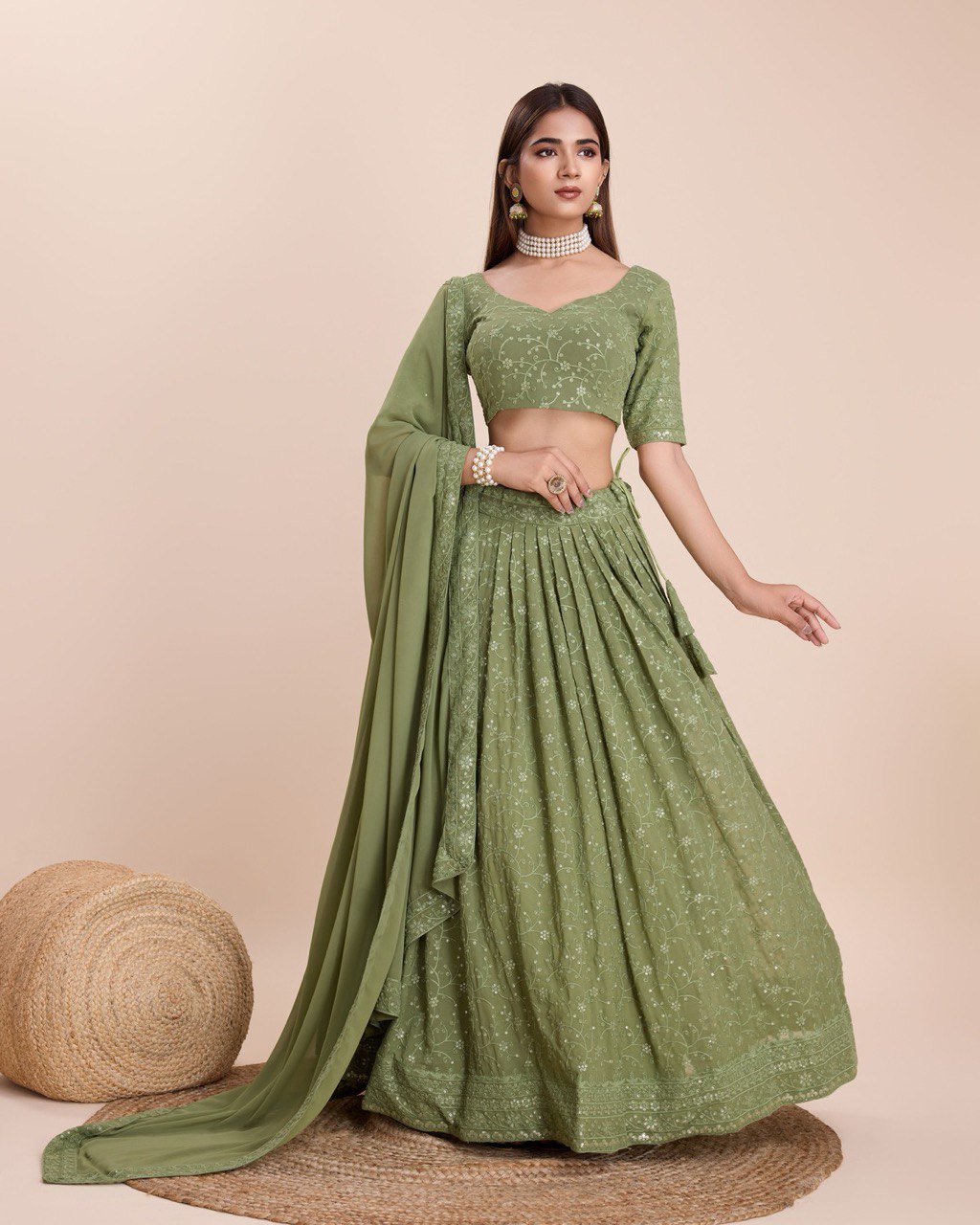 Mehendi Green Georgette Embroidered Sequins Lehenga With Choli And Dupatta Party Wear