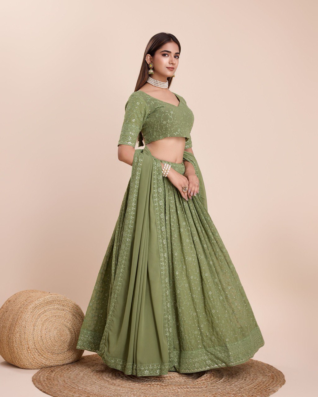 Mehendi Green Georgette Embroidered Sequins Lehenga With Choli And Dupatta Party Wear