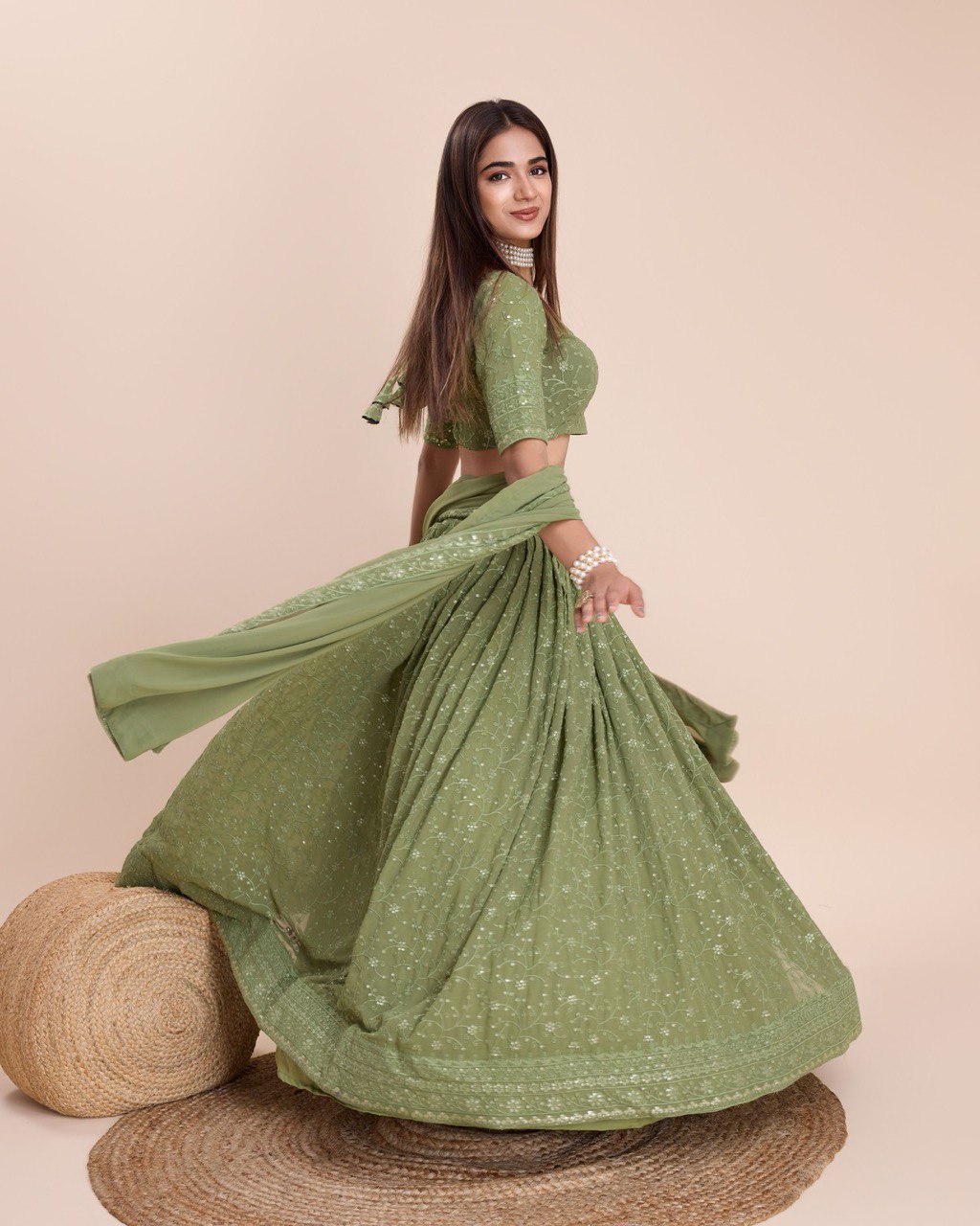 Mehendi Green Georgette Embroidered Sequins Lehenga With Choli And Dupatta Party Wear