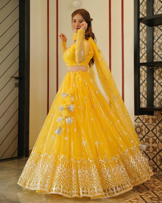 AISHA YELLOW NET LATEST HALDI STYLE LEHENGA