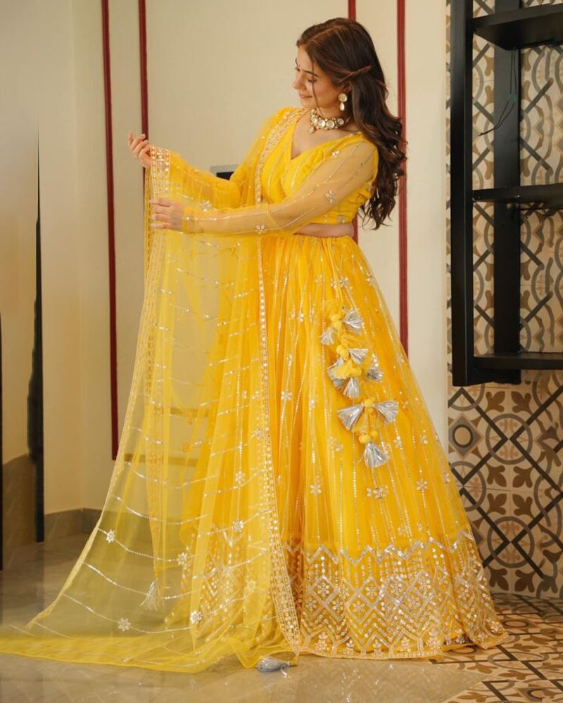 AISHA YELLOW NET LATEST HALDI STYLE LEHENGA