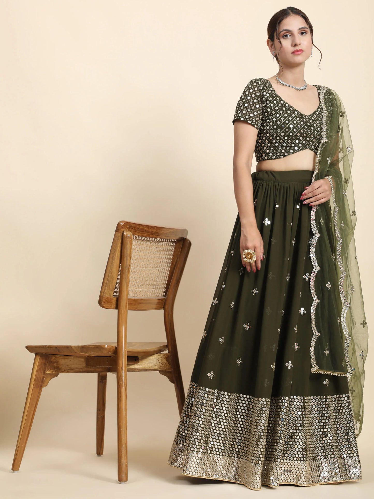 Embellished Thread Work Semi-Stitched Lehenga & Blouse With Dupatta