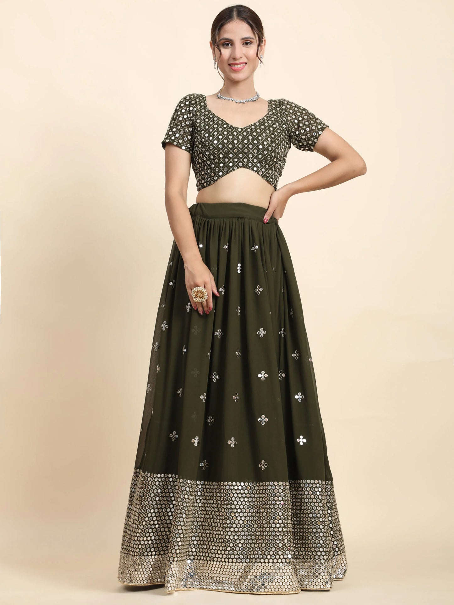 Embellished Thread Work Semi-Stitched Lehenga & Blouse With Dupatta