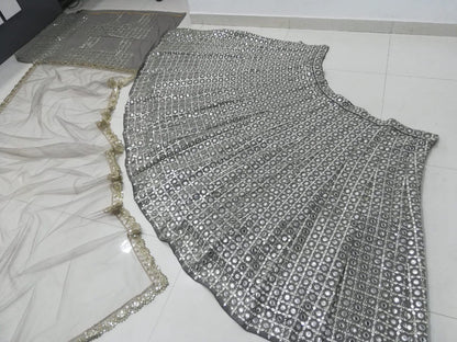 Fox Georgette Lehenga Choli Dupatta Set with Paper Mirror & Jari Work