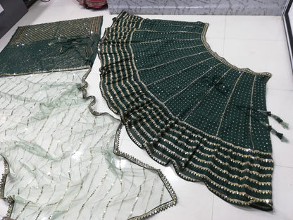 Green Sequin Embroidered Faux Georgette Lehenga