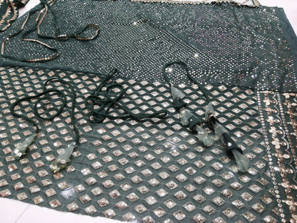 Green Sequin Embroidered Faux Georgette Lehenga