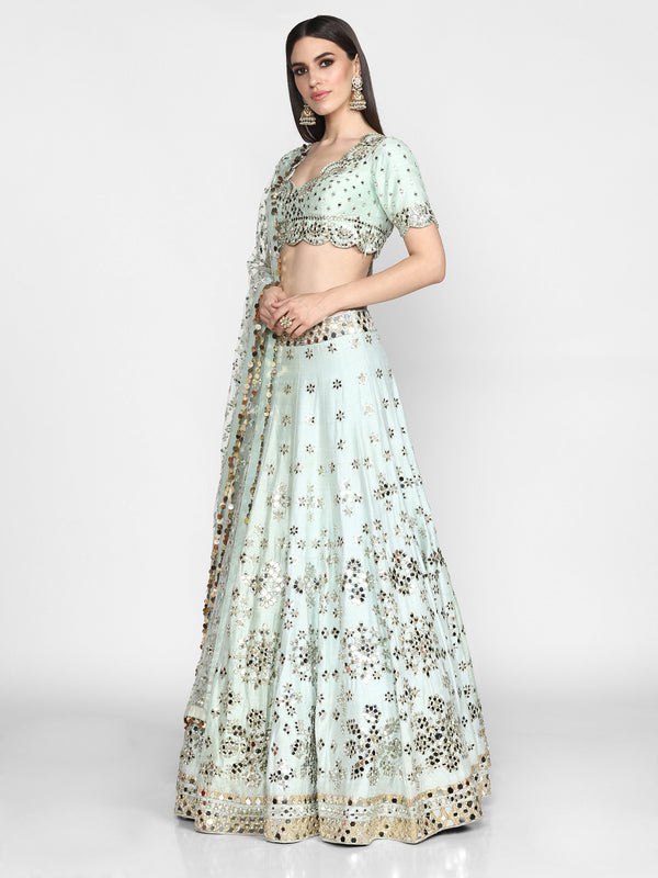 Embroidered Art Silk Lehenga in Pastel Green