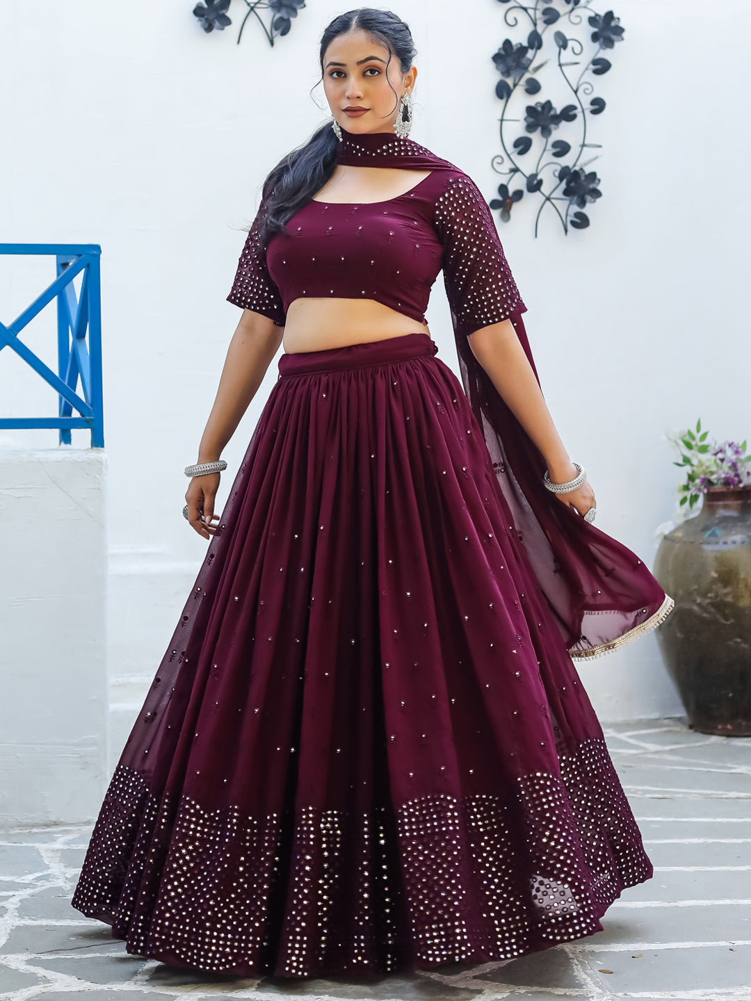 Wine Berry Colored Faux Georgette Party Wear Lehenga Choli