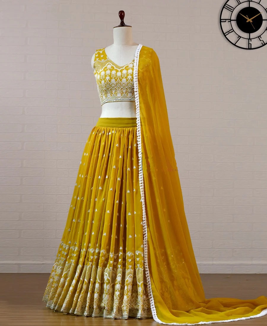 Mustard Sequins Embroidered Georgette Lehenga Choli