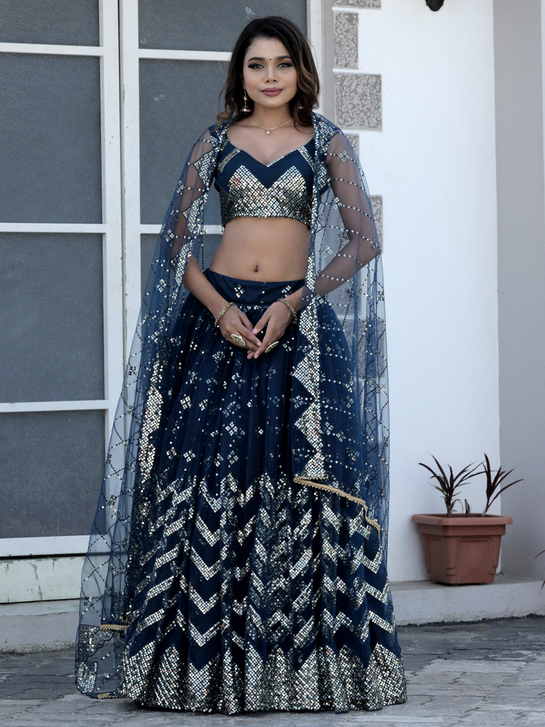 Deep Sea Blue Color Net Sequence Work Lehenga choli