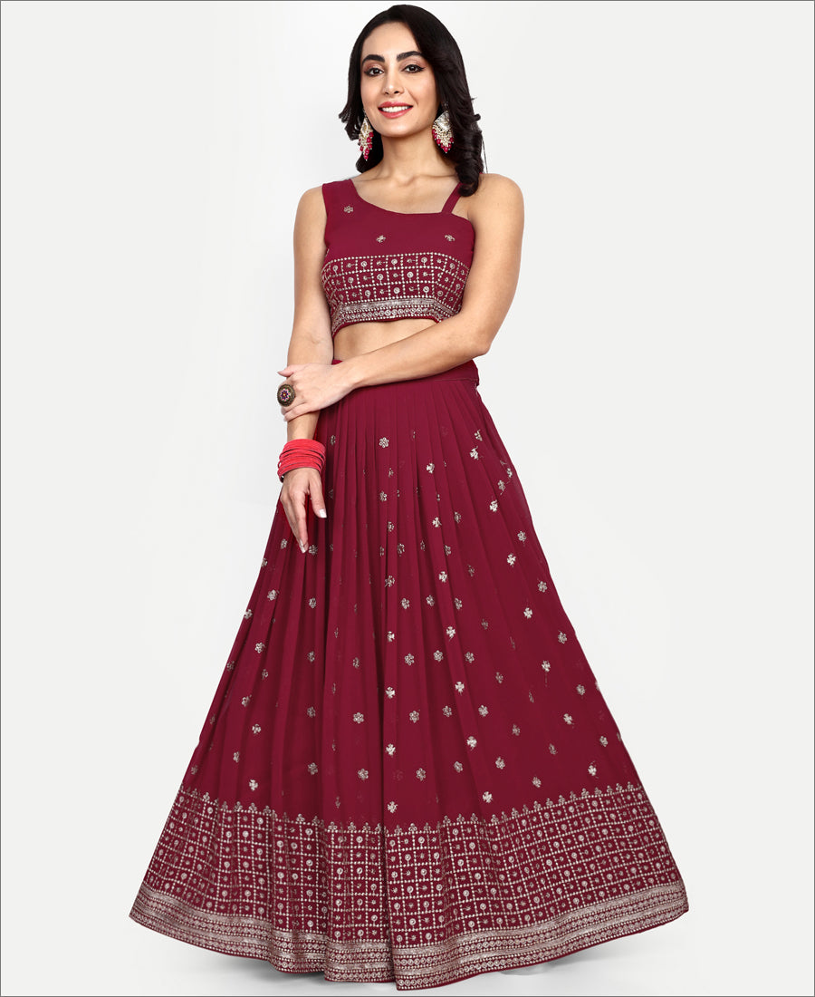 Moroon Colored Georgette Sequence Embroiodery Work Lehenga Choli