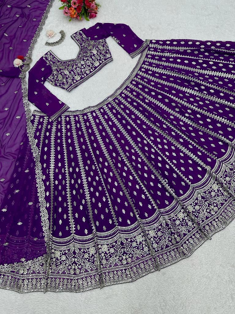 WEDDING WEAR EMBROIDERY SEQUENCE WORK LEHENGA CHOLI WITH DUPATTA PURPLE