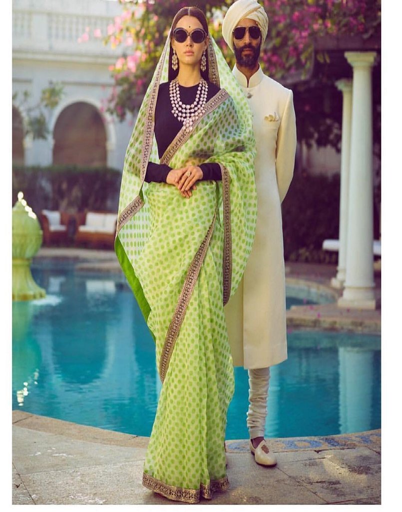 Party Wear Sabyasachi Light Green Organza Saree