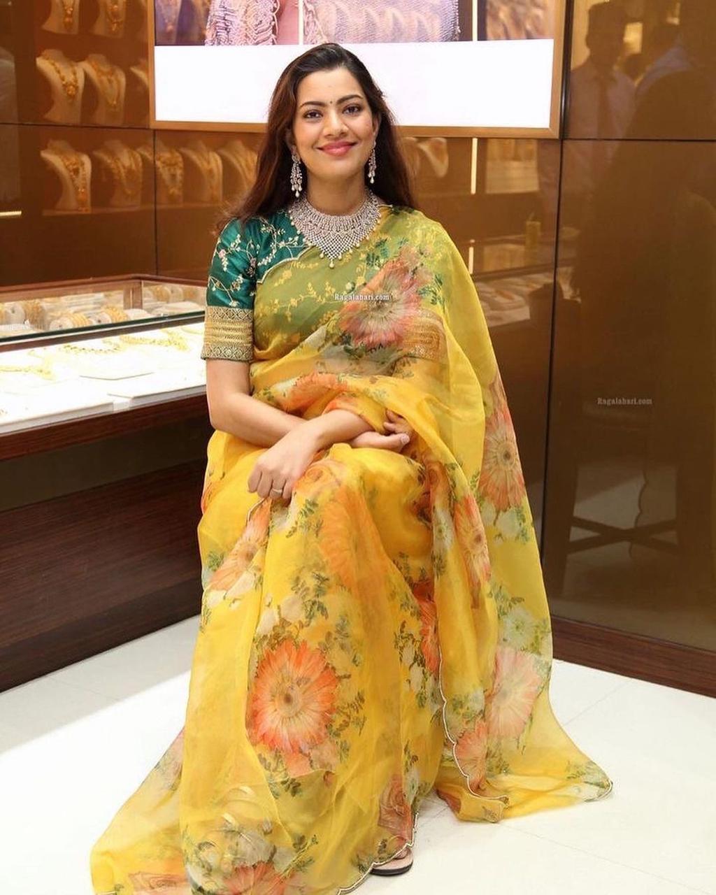 YELLOW SOFT KHADI ORGANZA FLORAL DIGITALSAREE