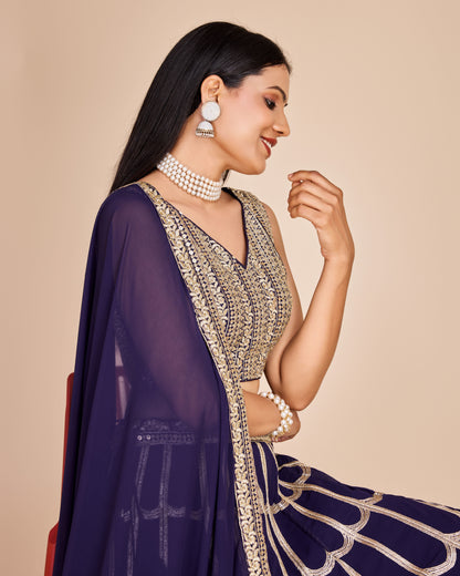 Navy Blue Embroidered Georgette Lehenga