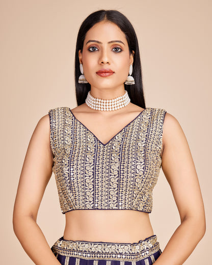 Navy Blue Embroidered Georgette Lehenga