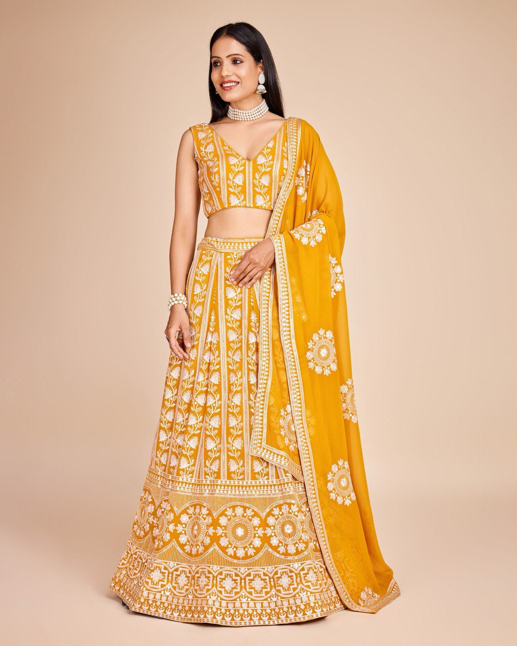 Yellow Faux Georgette Embroidered Sequins Lehenga With Choli And Dupatta Party Wear