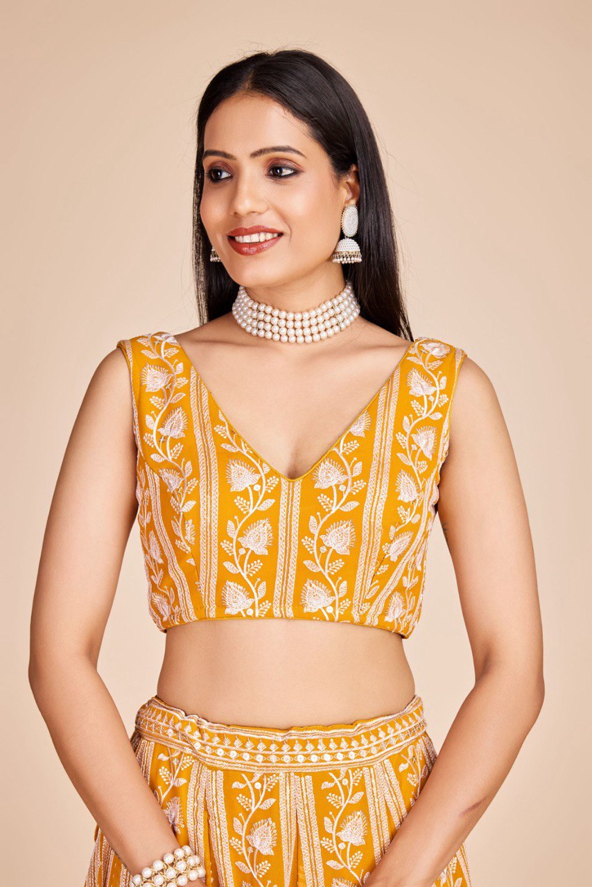 Yellow Faux Georgette Embroidered Sequins Lehenga With Choli And Dupatta Party Wear