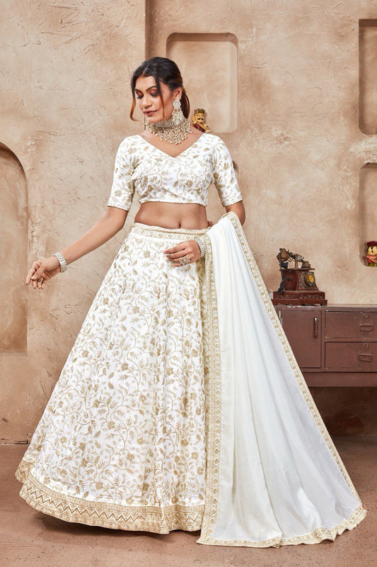 WHITE ZARI AND SEQUINS EMBROIDERED VICHITRA SEMI STITCHED LEHENGA