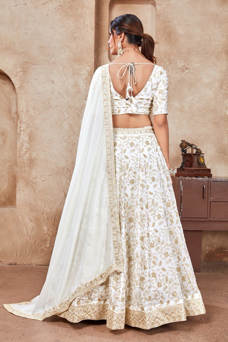 WHITE ZARI AND SEQUINS EMBROIDERED VICHITRA SEMI STITCHED LEHENGA