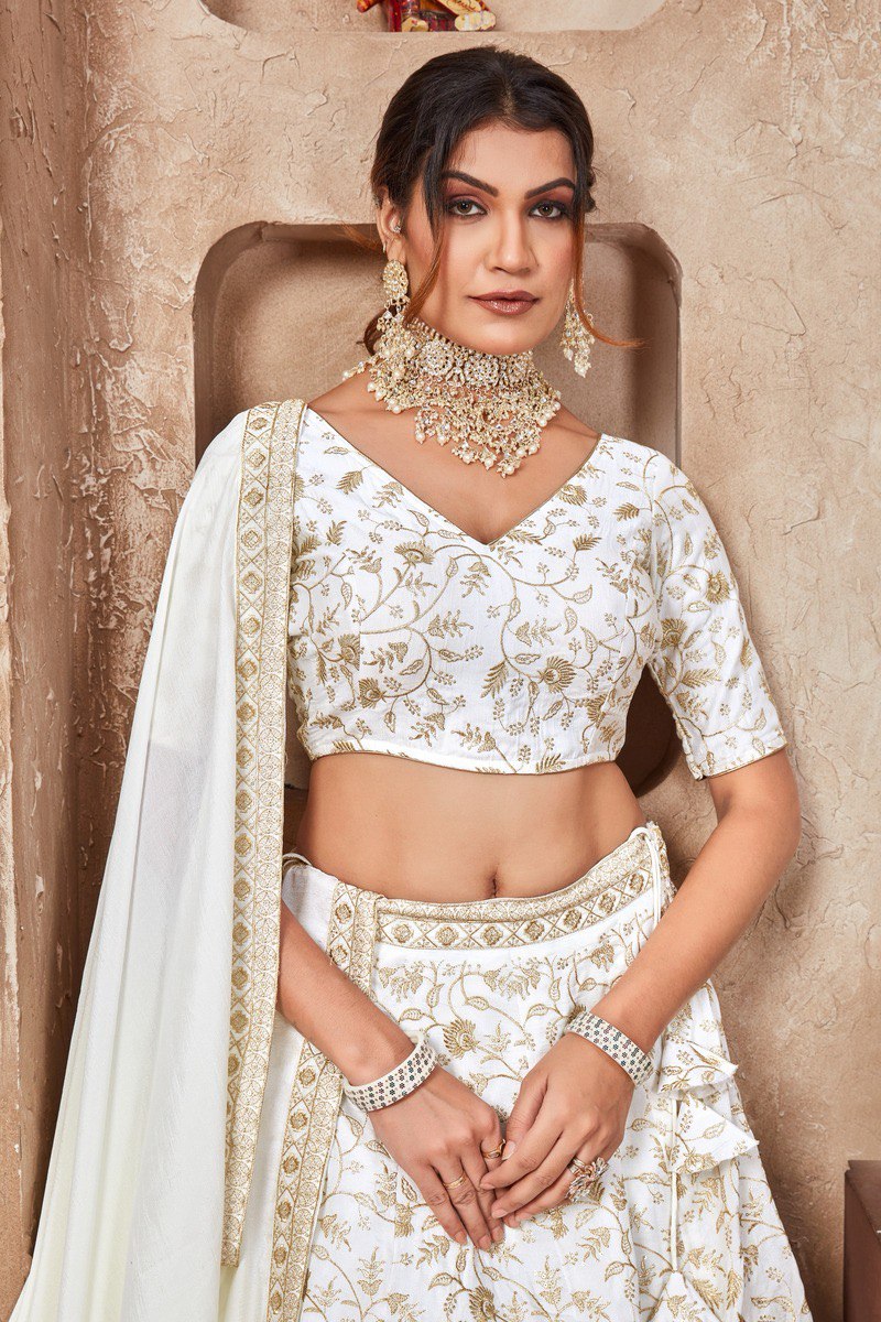 WHITE ZARI AND SEQUINS EMBROIDERED VICHITRA SEMI STITCHED LEHENGA