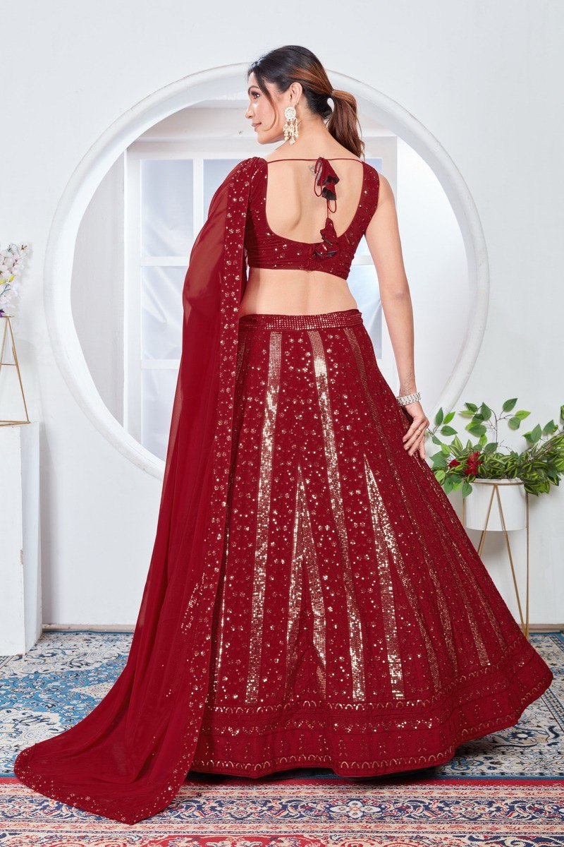 SOOTHING SEQUINS WORK ON MAROON COLOR GEORGETTE FABRIC LEHENGA