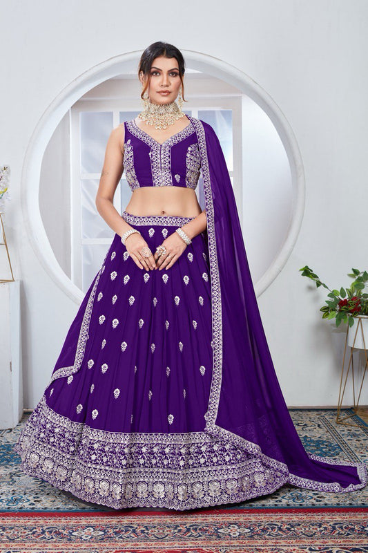 PURPLE ZARI AND SEQUINS EMBROIDERED GEORGETTE SEMI STITCHED LEHENGA