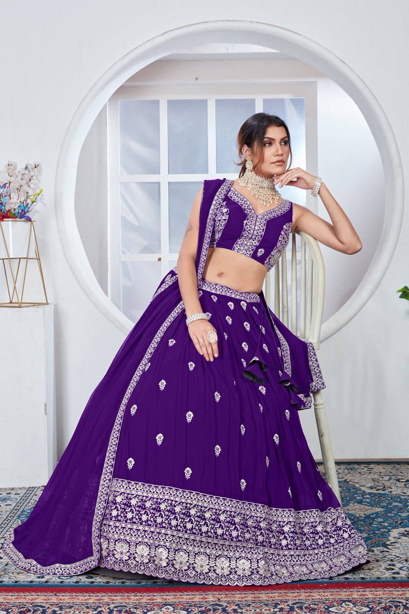 PURPLE ZARI AND SEQUINS EMBROIDERED GEORGETTE SEMI STITCHED LEHENGA