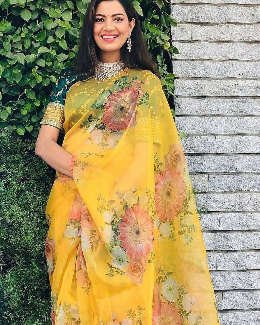 YELLOW SOFT KHADI ORGANZA FLORAL DIGITALSAREE