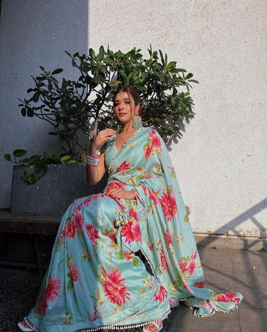 SEA GREEN SATIN FLOWER TASSEL BORDER SAREE