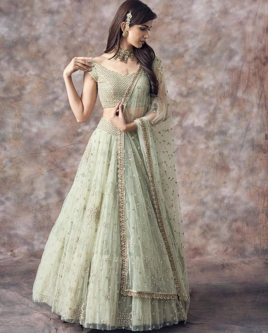 buy-reception-style- bollywood-style-green-soft-net-lehenga