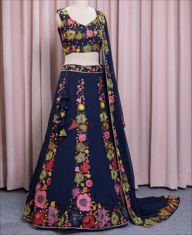 Sequence Embroidery Work Navy Blue Color Lehenga Choli