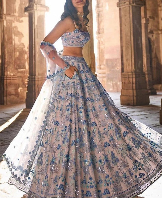 Sky and Grey Party Wear Designer Sequence Work Lehenga choli