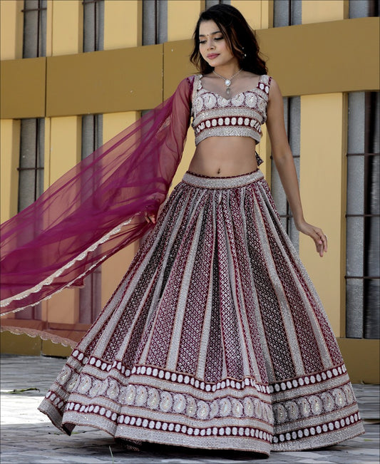 Wine Color Georgette Sequence and Thread Work Lehenga choli