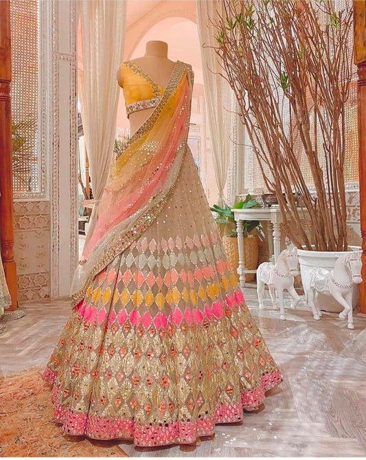 MULTI-COLORED-BUTTERFLY-NET-MIRROR-LEHENGA