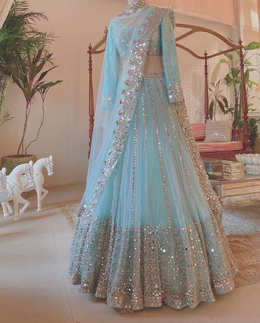 AQUA-BLUE-BUTTERFLY-NET-MIRROR-LEHENGA-CHOLI