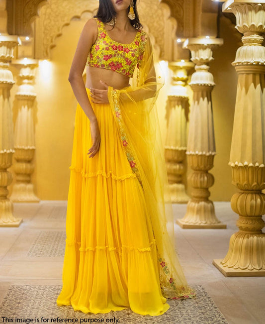 Yellow Colored Haldi Designer Faux Georgette