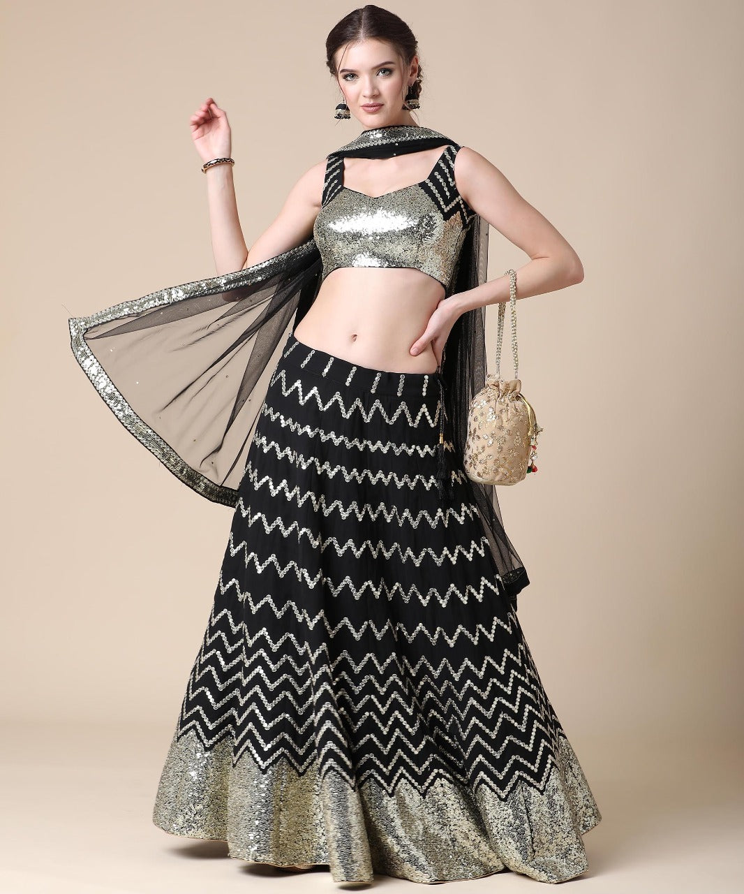 mumbai-trends-black-sequinned-made-to-measure-umbrella-lehenga--blouse-with-dupatta