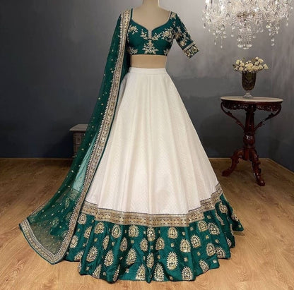 WHITE-TAPETA-SILK-GREEN-BORDER-WEDDINGLEHENGA